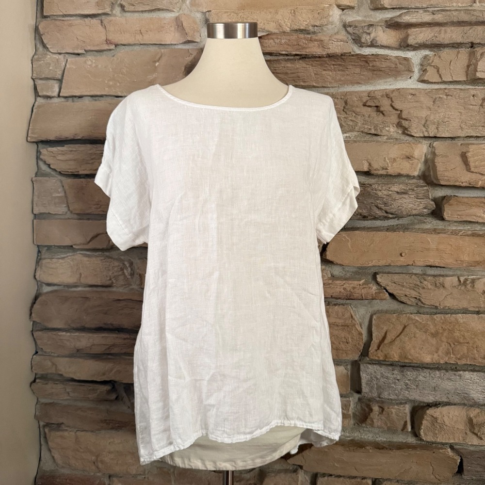 Terzo Millennio White 100% Linen Button Back Tunic Top Made in Italy Womens M